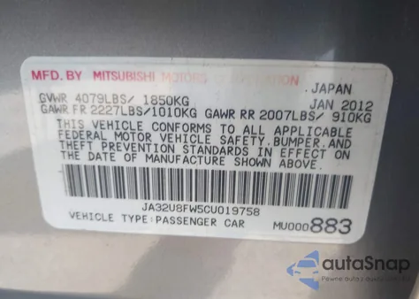 2012 Mitsubishi Lancer Gt from USA, damaged, VIN JA32U8FW5CU019758